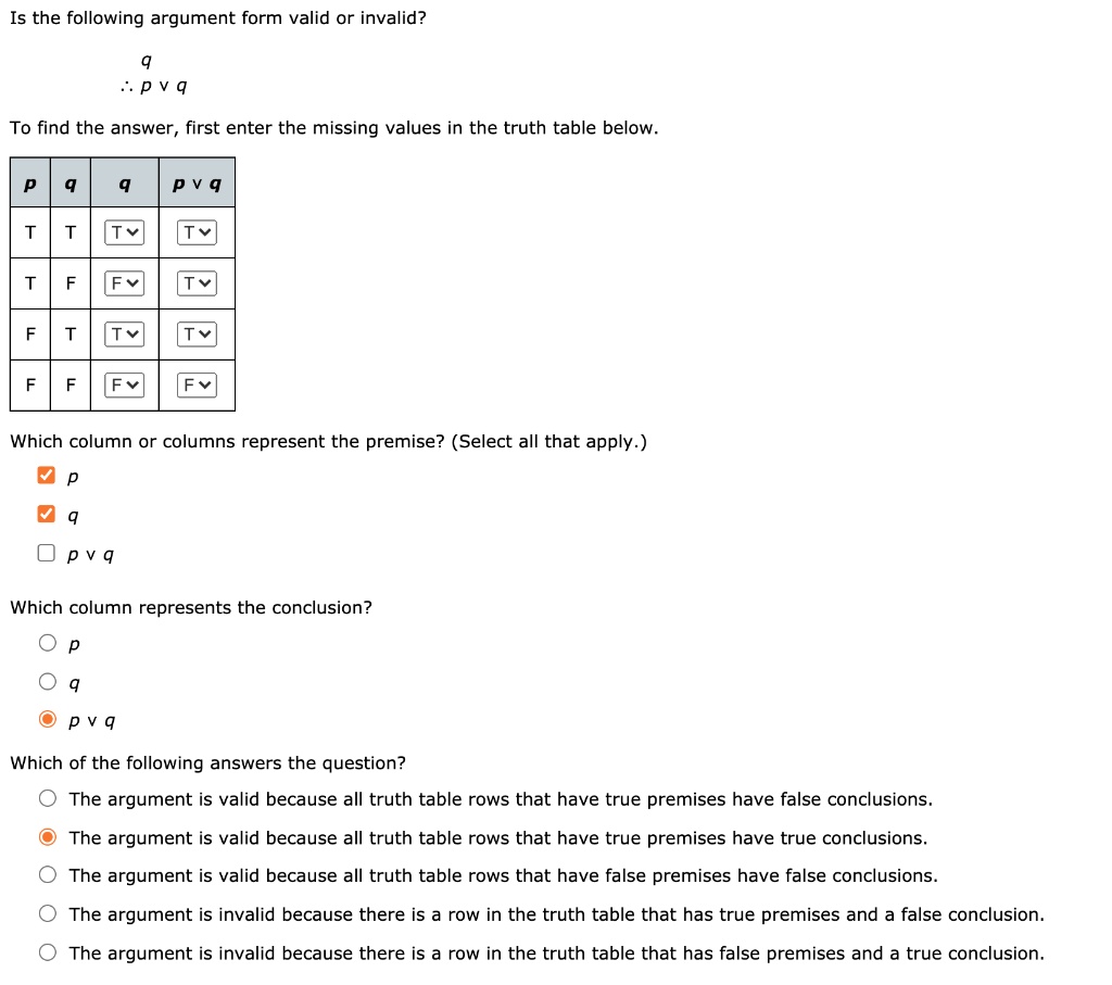 SOLVED: Is the following argument form valid or invalid? P v q To find ...