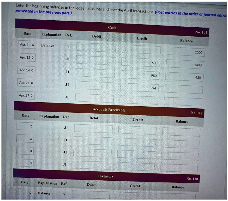 Enter the beginning balances in the ledger accounts and post the April transactions. (Post entries in the order of journal entries presented in the previous part.)
Cash No. 101
Date Explanation Ref. Debit Credit Balance
Apr. 1 Balance ? 2000
Apr. 12 J1 600 1400
Apr. 14 J1 980 420
Apr. 21 J1 594
Apr. 27 J1
Accounts Receivable No. 112
Date Explanation Ref. Debit Credit Balance
J1
J1
J1
J1
Inventory No. 120
Date Explanation Ref. Debit Credit Balance
Balance ?