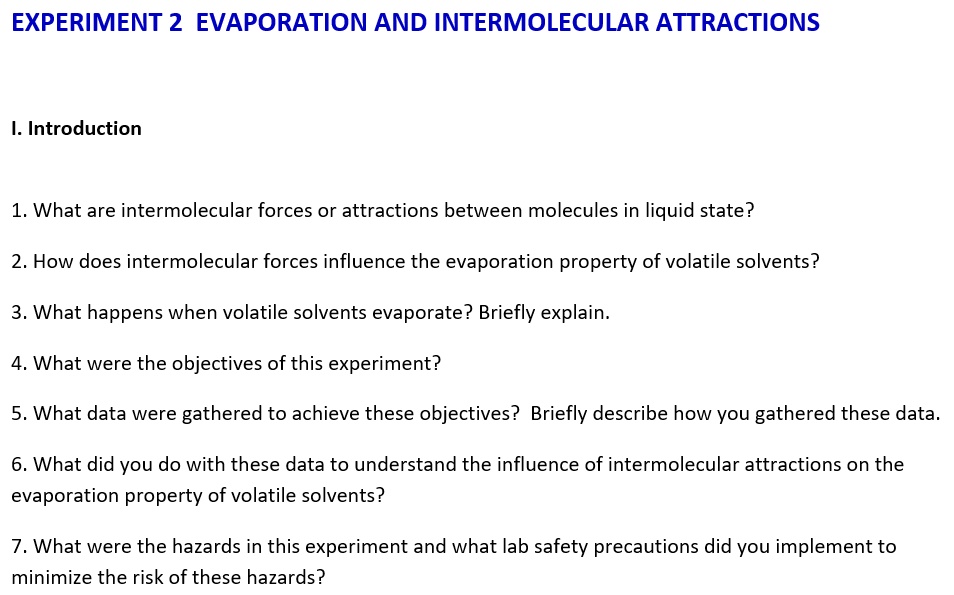 SOLVED EXPERIMENT 2 EVAPORATION AND INTERMOLECULAR ATTRACTIONS