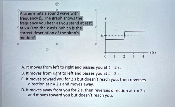 A siren emits a sound wave with frequency f0. The graph shows the frequency you hear as you stand at rest at x = 0 on the x-axis. Which is the correct description of the siren's motion?
f
f0
0 1 2 3 4 t (s)
A. It moves from left to right and passes you at t = 2 s.
B. It moves from right to left and passes you at t = 2 s.
C. It moves toward you for 2 s but doesn't reach you, then reverses direction at t = 2 s and moves away.
D. It moves away from you for 2 s, then reverses direction at t = 2 s and moves toward you but doesn't reach you.