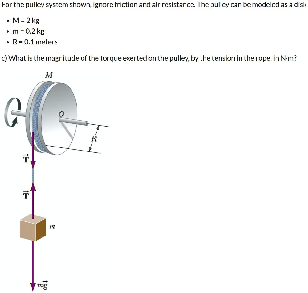 For the pulley system shown, ignore friction and air resistance. The