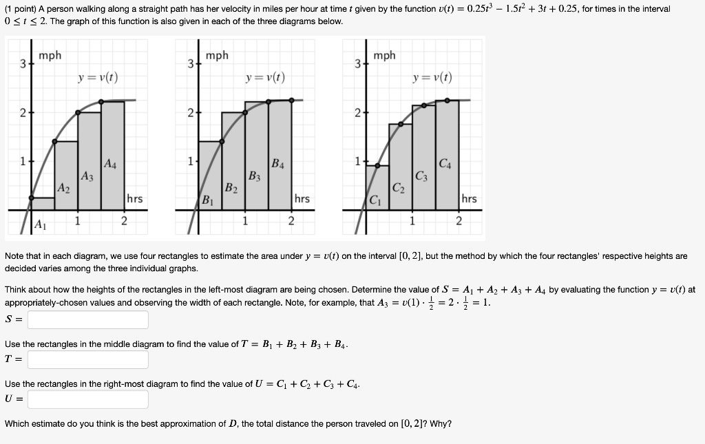 (1 point) A person walking along a straight path has her velocity in miles per hour at time t given by the function v(t) = 0.25t^3 - 1.5t^2 + 3t + 0.25, for times in the interval 0 le t le 2. The graph of this function is also given in each of the three diagrams below.

Note that in each diagram, we use four rectangles to estimate the area under y = v(t) on the interval [0, 2], but the method by which the four rectangles' respective heights are decided varies among the three individual graphs.

Think about how the heights of the rectangles in the left-most diagram are being chosen. Determine the value of S = A1 + A2 + A3 + A4 by evaluating the function y = v(t) at appropriately-chosen values and observing the width of each rectangle. Note, for example, that A3 = v(1) cdot frac12 = 2 cdot frac12 = 1.

S =

Use the rectangles in the middle diagram to find the value of T = B1 + B2 + B3 + B4.

T =

Use the rectangles in the right-most diagram to find the value of U = C1 + C2 + C3 + C4.

U =

Which estimate do you think is the best approximation of D, the total distance the person traveled on [0, 2]? Why?