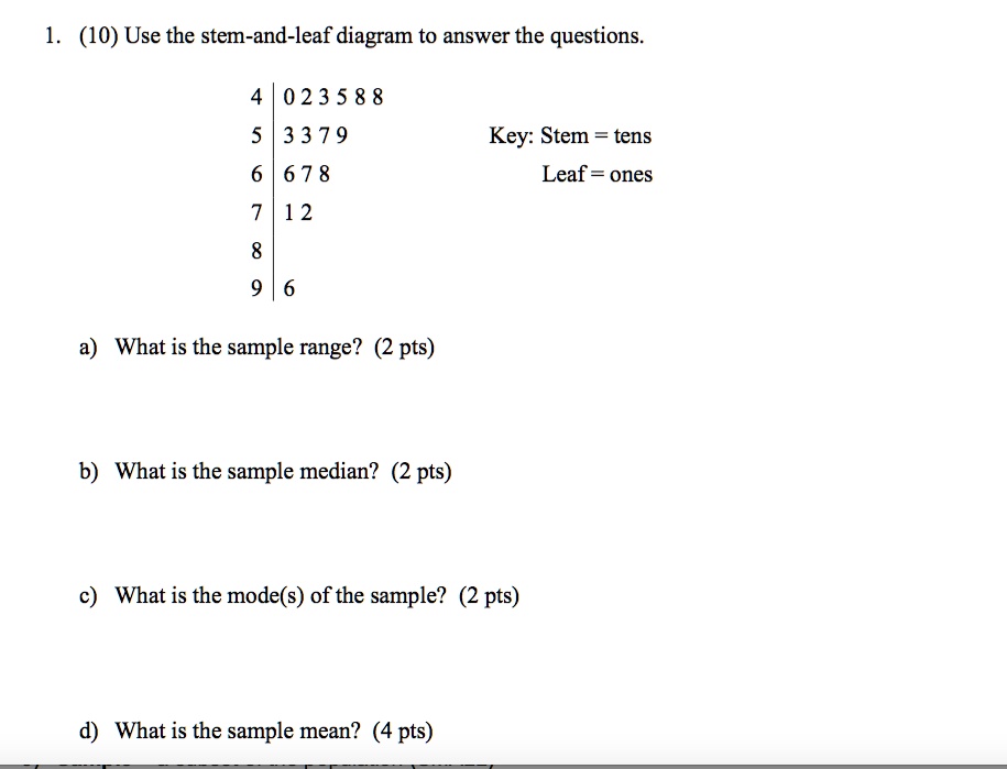 1. (10) Use the stem-and-leaf diagram to answer the questions.

4 | 0 2 3 5 8 8
5 | 3 3 7 9
6 | 6 7 8
7 | 1 2
8 |
9 | 6

Key: Stem = tens
Leaf = ones

a) What is the sample range? (2 pts)
b) What is the sample median? (2 pts)
c) What is the mode(s) of the sample? (2 pts)
d) What is the sample mean? (4 pts)