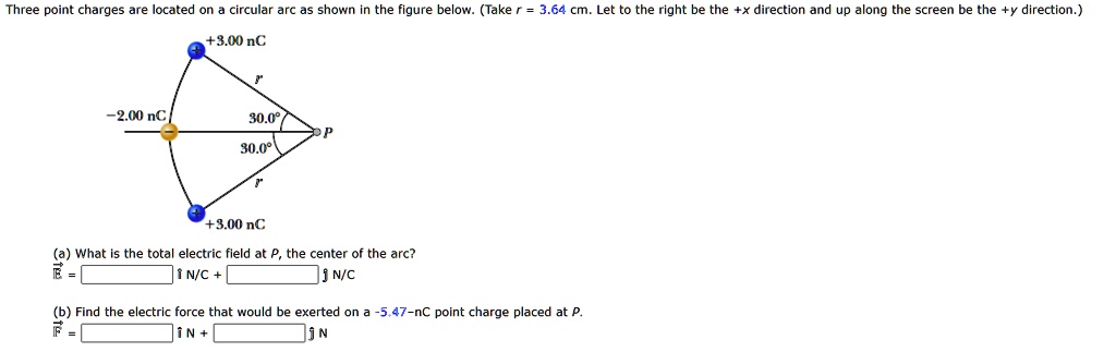 SOLVED: Three point charges are located on a circular arc as shown in ...