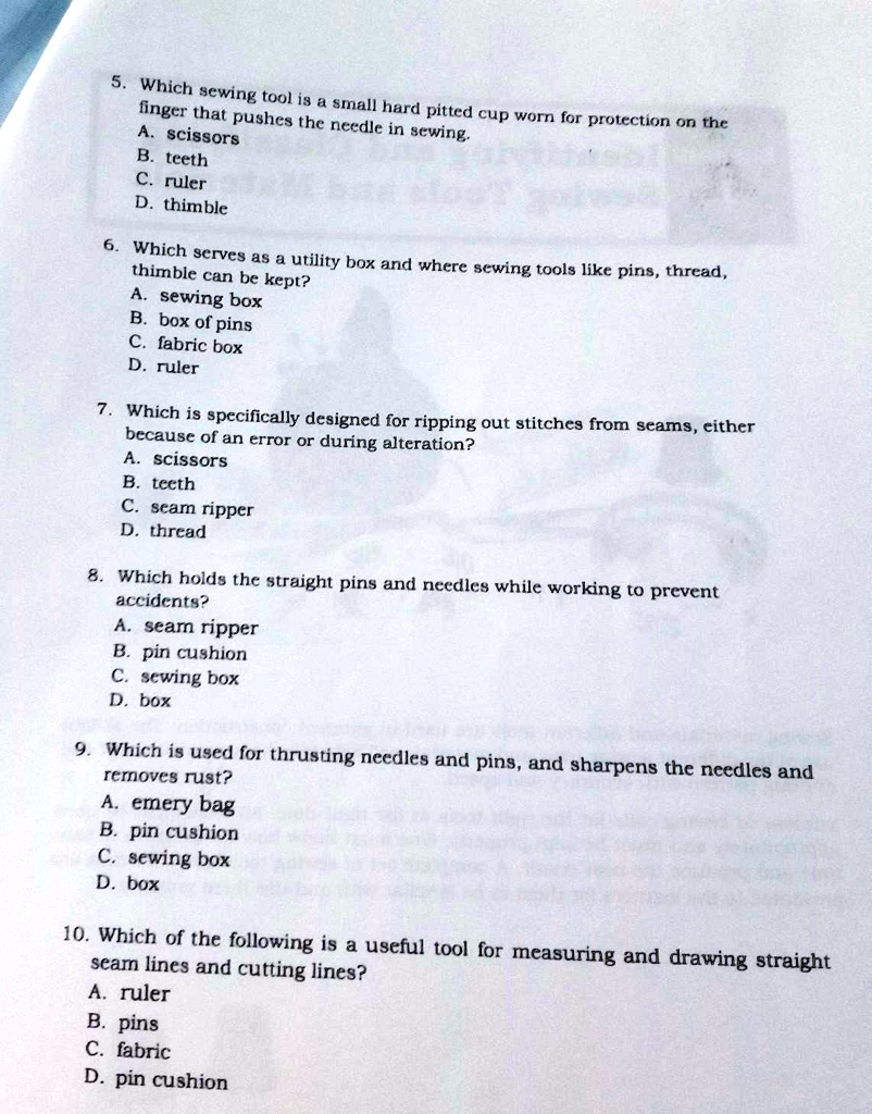 SOLVED '5. Which sewing tool is a small hard pitted cup worn for