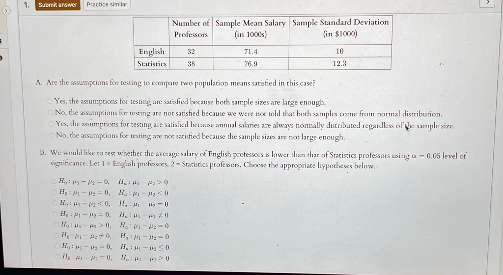 tabletablenumber ofprofessorstablesample mean salaryin 1000stablesample standard deviationin 1000english3271410statistics38769123 a are the assumptions for testing to compare two population  13317