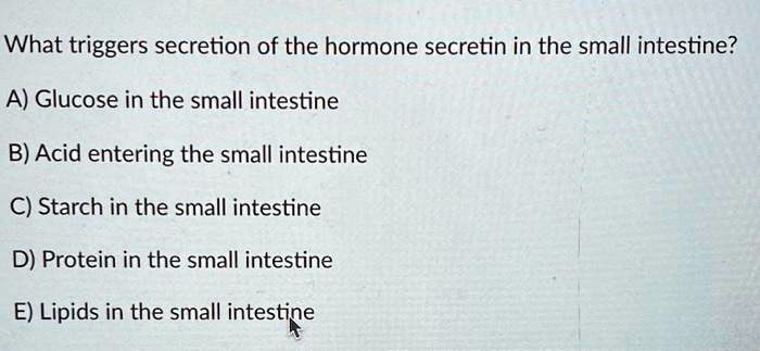 What triggers secretion of the hormone secretin in the small intestine?

A) Glucose in the small intestine

B) Acid entering the small intestine

C) Starch in the small intestine

D) Protein in the small intestine

E) Lipids in the small intestine