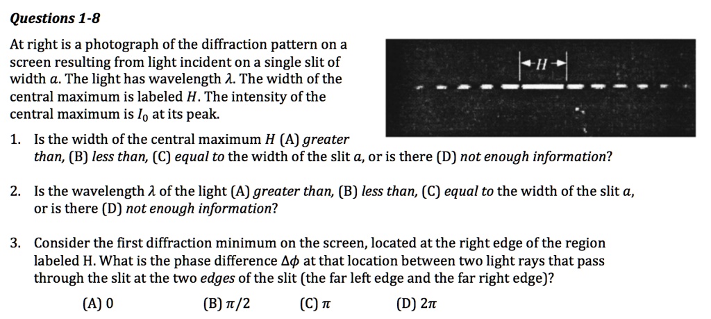 Questions 1 8 at right is a photograph of the diffraction...