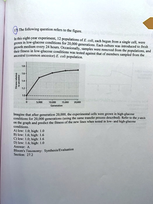 17) The following question refers to the figure. In this eight-year experiment, 12 populations of E. coli, each begun from a single cell, were grown in low-glucose conditions for 20,000 generations. Each culture was introduced to fresh growth medium every 24 hours. Occasionally, samples were removed from the populations, and their fitness in low-glucose conditions was tested against that of members sampled from the ancestral (common ancestor) E. coli population. Imagine that after generation 20,000, the experimental cells were grown in high-glucose conditions for 20,000 generations (using the same transfer process described). Refer to the y-axis on the graph and predict the fitness of the new lines when tested in low- and high-glucose conditions. A) low: 1.0; high: 1.0 B) low: 1.6; high: 1.6 C) low: 1.0; high: 1.6 D) low: 1.6; high: 1.0 Answer: A Bloom's Taxonomy: Synthesis/Evaluation Section: 27.2