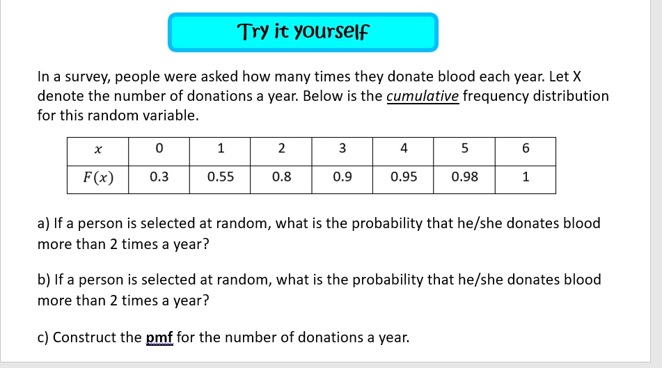 Try it yourself
In a survey, people were asked how many times they donate blood each year. Let X
denote the number of donations a year. Below is the cumulative frequency distribution
for this random variable.

x     0     1     2     3     4     5     6 

F(x)     0.3     0.55     0.8     0.9     0.95     0.98     1 


a) If a person is selected at random, what is the probability that he/she donates blood
more than 2 times a year?
b) If a person is selected at random, what is the probability that he/she donates blood
more than 2 times a year?
c) Construct the pmf for the number of donations a year.