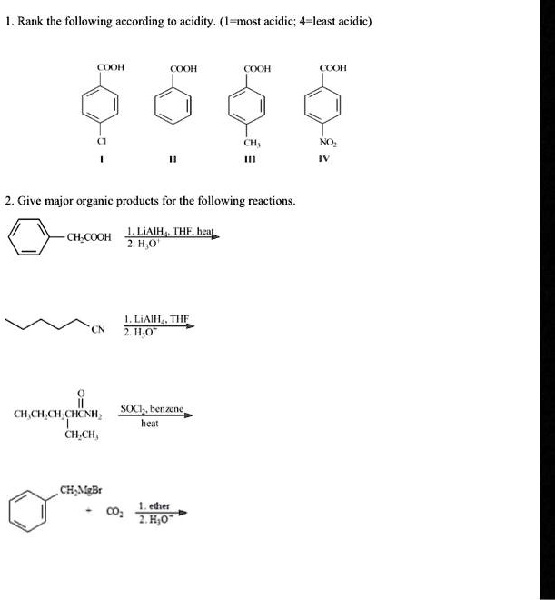 SOLVED: I. Rank the following according to acidity. ([-most acidic: 4 ...