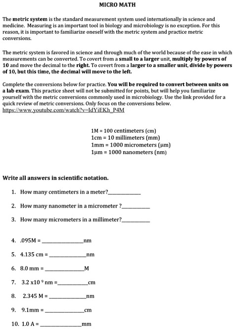 Solved Micro Math The Metric System The Standard Me1sui Men System Used Internationally Science And Medicine Measuring An Important Tool In Biology And Microbiolgy No Erception For This Rtun Importantto Familiarize Oneself With