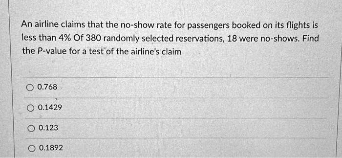 An airline claims that the no-show rate for passengers booked on its flights is less than 4% Of 380 randomly selected reservations, 18 were no-shows. Find the P-value for a test of the airline's claim
0.768
0.1429
0.123
0.1892