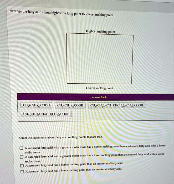 Arrange the fatty acids from highest melting point to lowest melting