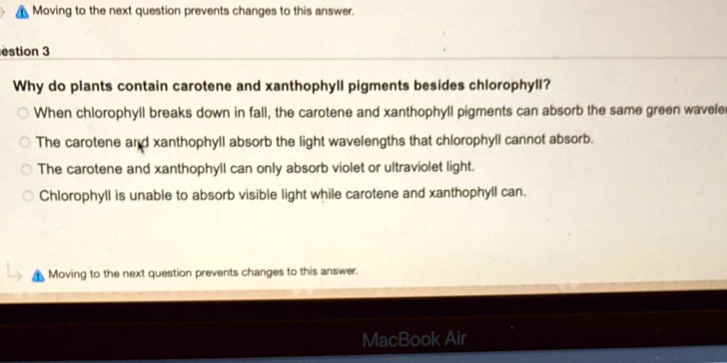 Why do plants contain carotene and xanthophyll pigments besides chlorophyll?
When chlorophyll breaks down in fall, the carotene and xanthophyll pigments can absorb the same green wavelen
The carotene and xanthophyll absorb the light wavelengths that chlorophyll cannot absorb.
The carotene and xanthophyll can only absorb violet or ultraviolet light.
Chlorophyll is unable to absorb visible light while carotene and xanthophyll can.