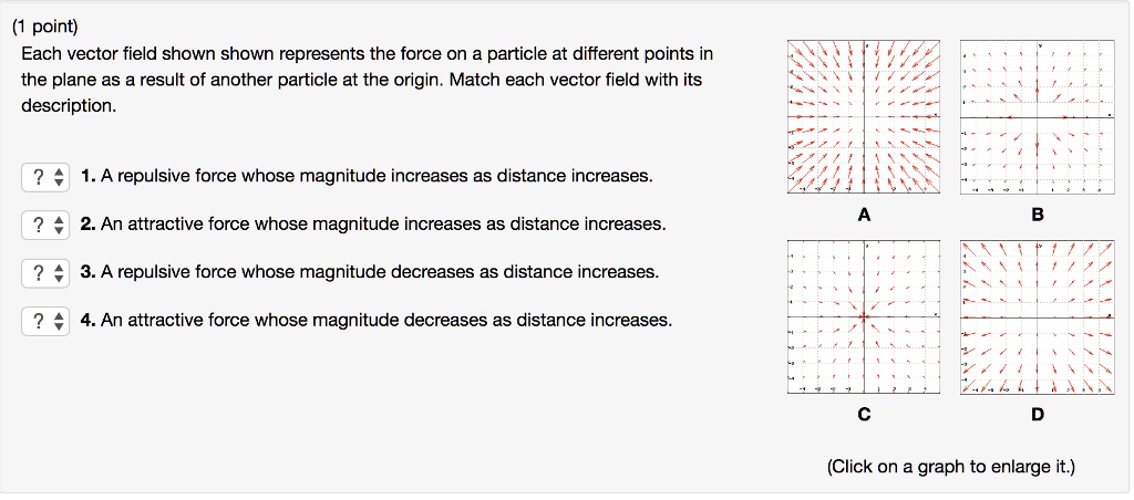 (1 point) Each vector field shown shown represents the force on a ...