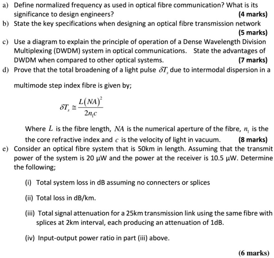 SOLVED a) Define normalized frequency as used in optical fiber