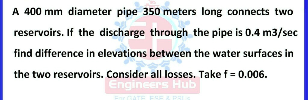 SOLVED: A 400 mm diameter pipe, 350 meters long, connects two ...