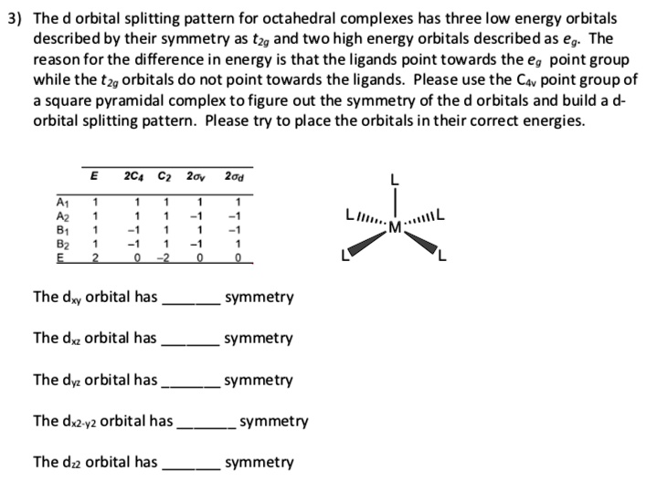 SOLVED: 3) The d orbital splitting pattern for octahedral complexes has ...