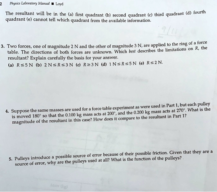 SOLVED Physics Laboratory Manual Loyd The resultant will be in the (a
