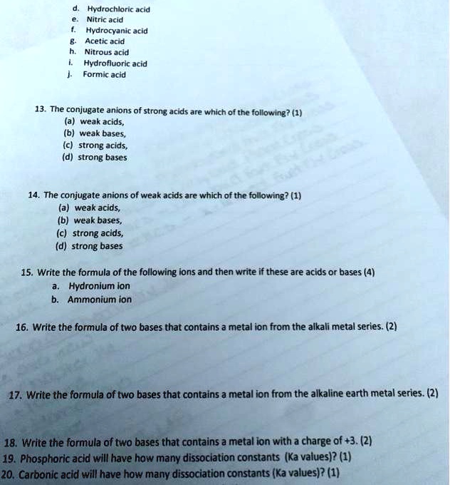 SOLVED:Hydrochloric acid Nitric acid Hydroryanic acid Acelic acid ...