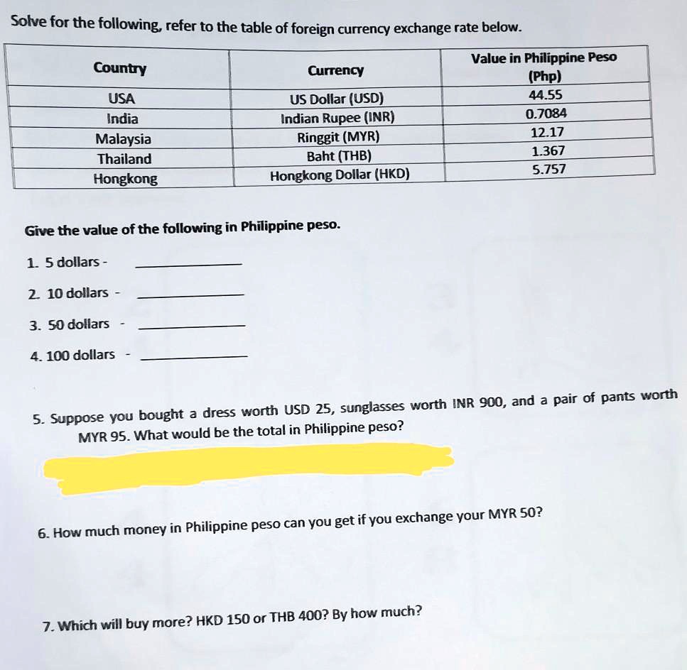 1.give the value of the following in philippine pesoA.5 dollars B.10  dollarsC.50 DollarsD.100 