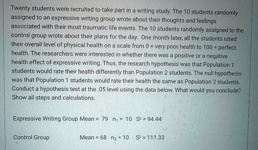 Twenty students were recruited to take part in a writing study. The 10 students randomly assigned to an expressive writing group wrote about their thoughts and feelings associated with their most traumatic life events. The 10 students randomly assigned to the control group wrote about their plans for the day. One month later, all the students rated their overall level of physical health on a scale from 0 = very poor health to 100 = perfect health. The researchers were interested in whether there was a positive or a negative health effect of expressive writing. Thus, the research hypothesis was that Population 1 students would rate their health differently than Population 2 students. The null hypothesis was that Population 1 students would rate their health the same as Population 2 students. Conduct a hypothesis test at the .05 level using the data below. What would you conclude? Show all steps and calculations.

Expressive Writing Group Mean = 79 n1 = 10 S² = 94.44

Control Group Mean = 68 n2 = 10 S² = 111.33