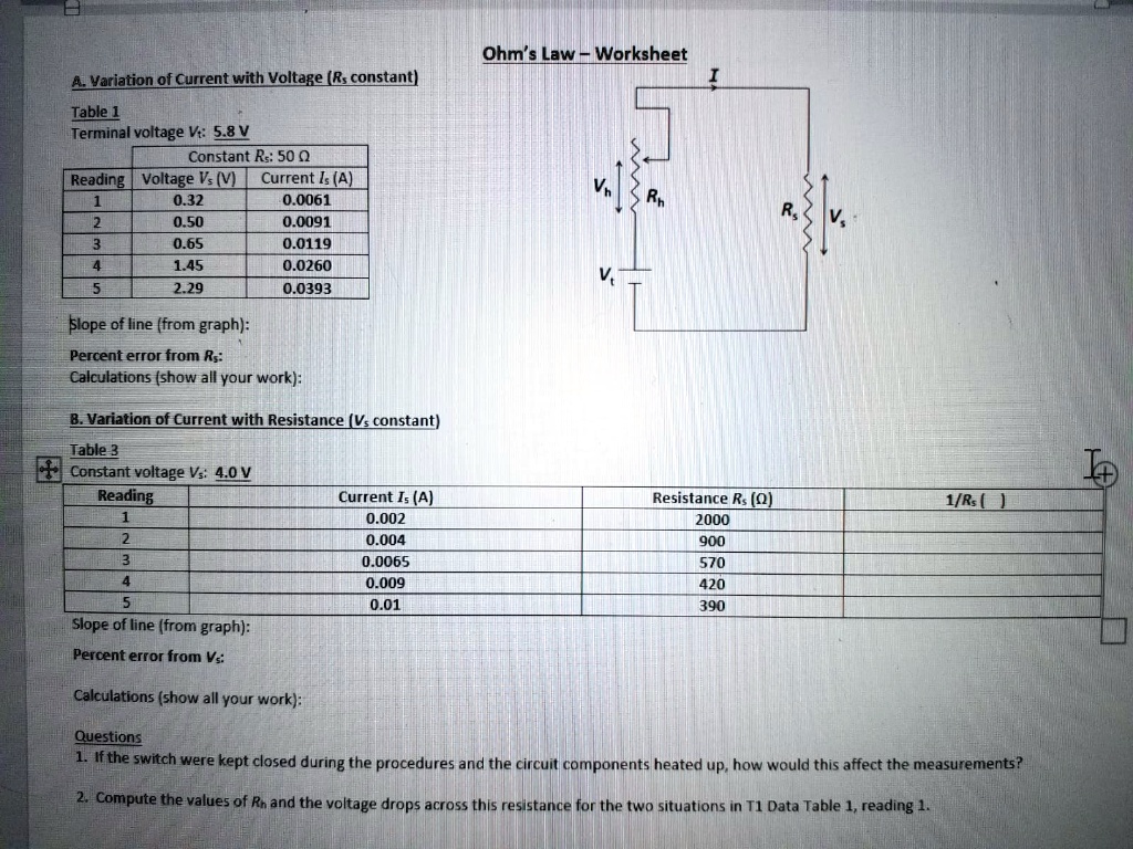 SOLVED:Ohm slaw Worksheet Variation o[ Current with Voltage For Current Voltage And Resistance Worksheet