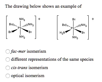 The drawing below shows an example of ^+ + ^+ fac-mer isomerism ...