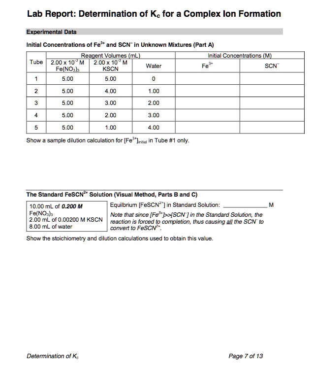 SOLVED Lab Report Determination of Kc for a Complex Ion Formation