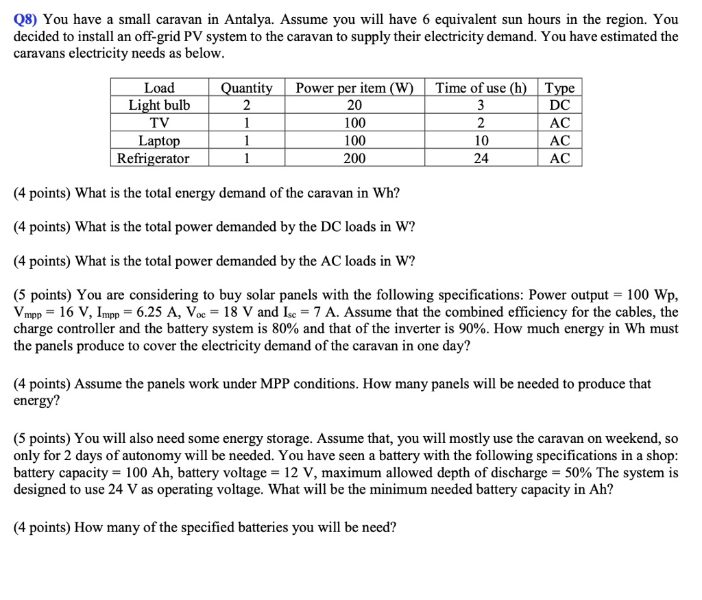 Q8) You have a small caravan in Antalya. Assume you will have 6 equivalent sun hours in the region. You decided to install an off-grid PV system to the caravan to supply their electricity demand. You have estimated the caravans electricity needs as below.

| Load | Quantity | Power per item (W) | Time of use (h) | Type |
| :— | :— | :— | :— | :— |
| Light bulb | 2 | 20 | 3 | DC |
| TV | 1 | 100 | 2 | AC |
| Laptop | 1 | 100 | 10 | AC |
| Refrigerator | 1 | 200 | 24 | AC |

What is the total energy demand of the caravan in Wh?

What is the total power demanded by the DC loads in W?

What is the total power demanded by the AC loads in W?

You are considering to buy solar panels with the following specifications: Power output = 100 Wp, Vmpp = 16 V, Impp = 6.25 A, Voc = 18 V and Isc = 7 A. Assume that the combined efficiency for the cables, the charge controller and the battery system is 80% and that of the inverter is 90%. How much energy in Wh must the panels produce to cover the electricity demand of the caravan in one day?

Assume the panels work under MPP conditions. How many panels will be needed to produce that energy?

You will also need some energy storage. Assume that, you will mostly use the caravan on weekend, so only for 2 days of autonomy will be needed. You have seen a battery with the following specifications in a shop: battery capacity = 100 Ah, battery voltage = 12 V, maximum allowed depth of discharge = 50% The system is designed to use 24 V as operating voltage. What will be the minimum needed battery capacity in Ah?

How many of the specified batteries you will be need?