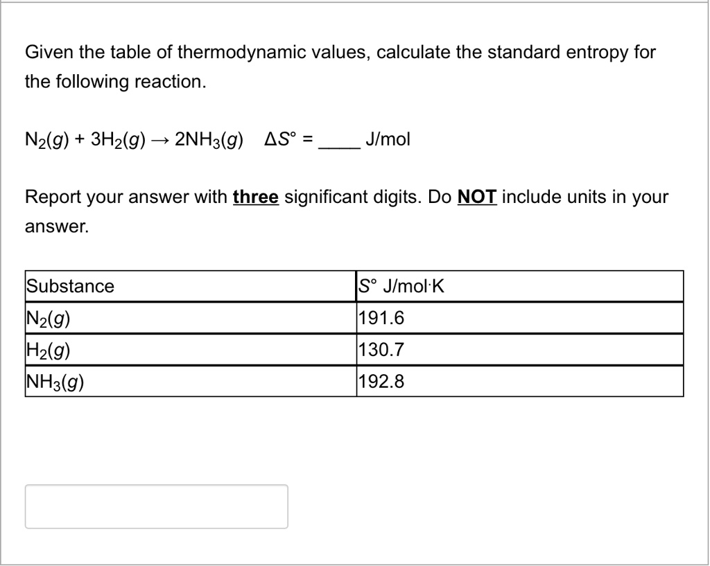 SOLVED Given the table of thermodynamic values, calculate the standard