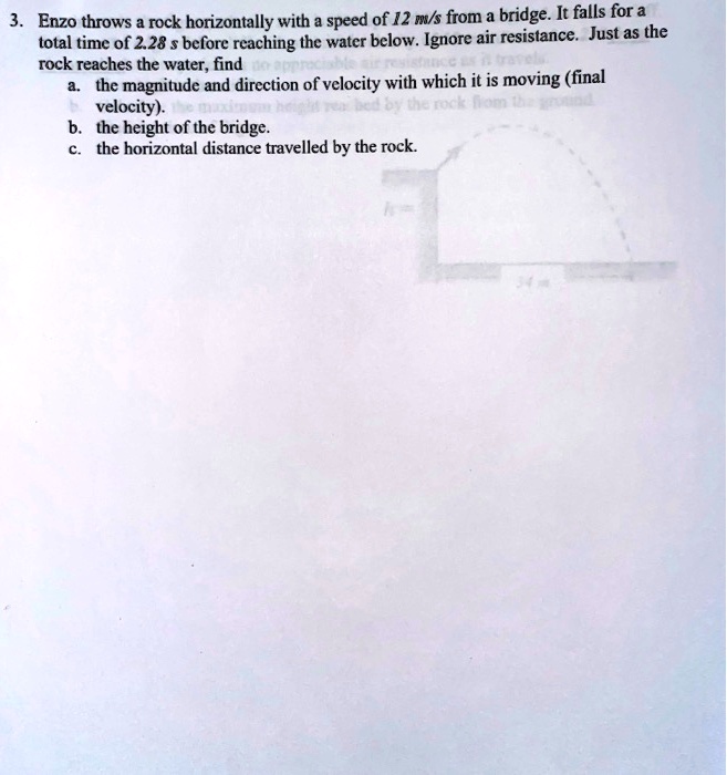 Enzo throws a rock horizontally with a speed of 12 m/s from a bridge