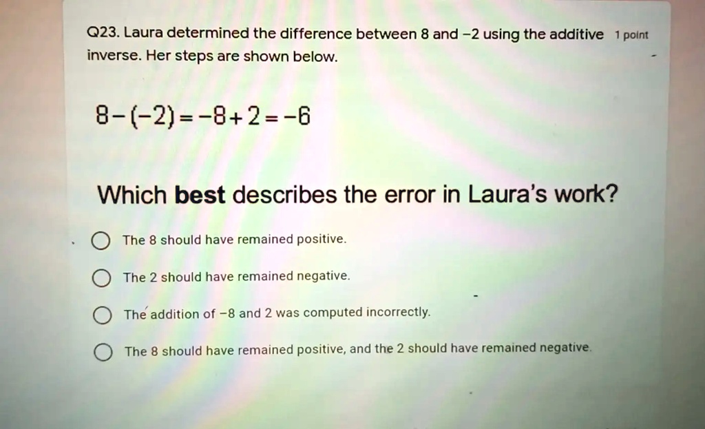 SOLVED Q23. Laura determined the difference between 8 and 2 using the