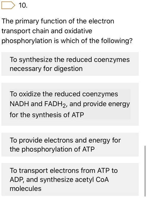 10.

The primary function of the electron transport chain and oxidative phosphorylation is which of the following?

To synthesize the reduced coenzymes necessary for digestion

To oxidize the reduced coenzymes NADH and FADH2, and provide energy for the synthesis of ATP

To provide electrons and energy for the phosphorylation of ATP

To transport electrons from ATP to ADP, and synthesize acetyl CoA molecules