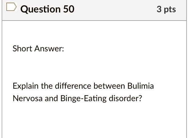 Short Answer:

Explain the difference between Bulimia Nervosa and Binge-Eating disorder?