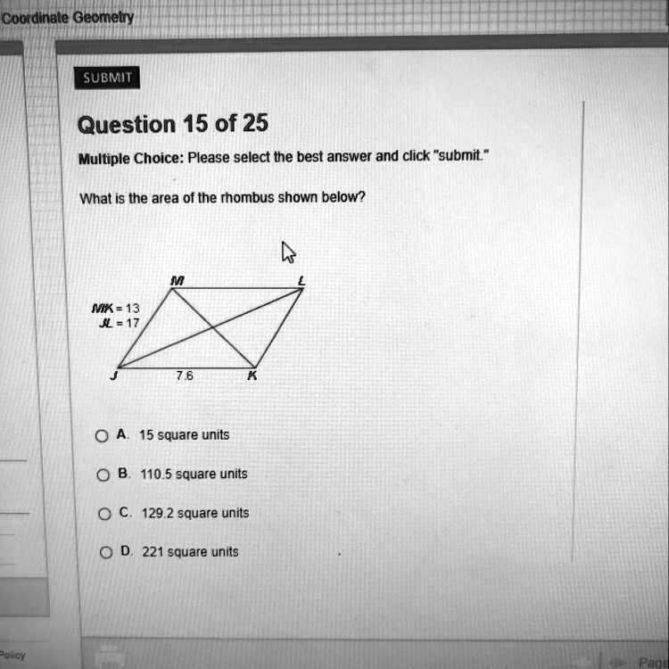 Solved What Is The Area Of The Rhombus Shown Below Coordinale Geometry Submit Question 15 Of 2838