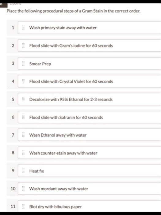 SOLVED: Place the following procedural steps of a Gram Stain in the ...