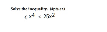 Solve the inequality. (4pts ea)
4) x^4 < 25x^2