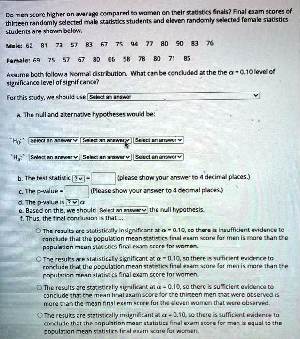 Do men score higher on average compared to women on their statistics finals? Final exam scores of thirteen randomly selected male statistics students and eleven randomly selected female statistics students are shown below.

Male: 62 81 73 57 83 67 75 94 77 80 90 83 76
Female: 69 75 57 67 80 66 58 78 80 71 85

Assume both follow a Normal distribution. What can be concluded at the ? = 0.10 level of significance?

For this study, we should use 

a. The null and alternative hypotheses would be:

H0: ?m = ?f
Ha: ?m > ?f

b. The test statistic t =  (please show your answer to 4 decimal places.)

c. The p-value =  (Please show your answer to 4 decimal places.)

d. The p-value is  ?

e. Based on this, we should  the null hypothesis.

f. Thus, the final conclusion is that...

The results are statistically insignificant at ? = 0.10, so there is insufficient evidence to conclude that the population mean statistics final exam score for men is more than the population mean statistics final exam score for women.

The results are statistically significant at ? = 0.10, so there is sufficient evidence to conclude that the population mean statistics final exam score for men is more than the population mean statistics final exam score for women.

The results are statistically significant at ? = 0.10, so there is sufficient evidence to conclude that the mean final exam score for the thirteen men that were observed is more than the mean final exam score for the eleven women that were observed.

The results are statistically insignificant at ? = 0.10, so there is sufficient evidence to conclude that the population mean statistics final exam score for men is equal to the population mean statistics final exam score for women.