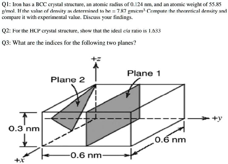 Q1: Iron has a BCC crystal structure, an atomic radius of 0.124 nm, and an atomic weight of 55.85 g/mol. If the value of density as determined to be = 7.87 gm/cm^3. Compute the theoretical density and compare it with experimental value. Discuss your findings.
Q2: For the HCP crystal structure, show that the ideal c/a ratio is 1.633
Q3: What are the indices for the following two planes?