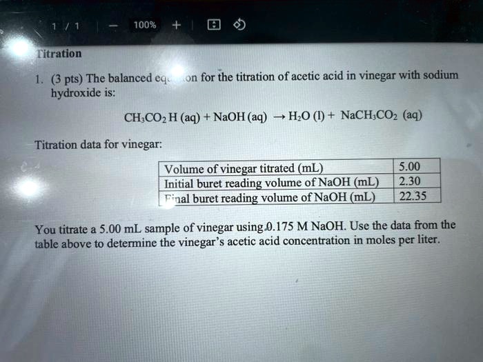 SOLVED Titration 1. (3 pts) The balanced equation for the titration of acetic acid in vinegar
