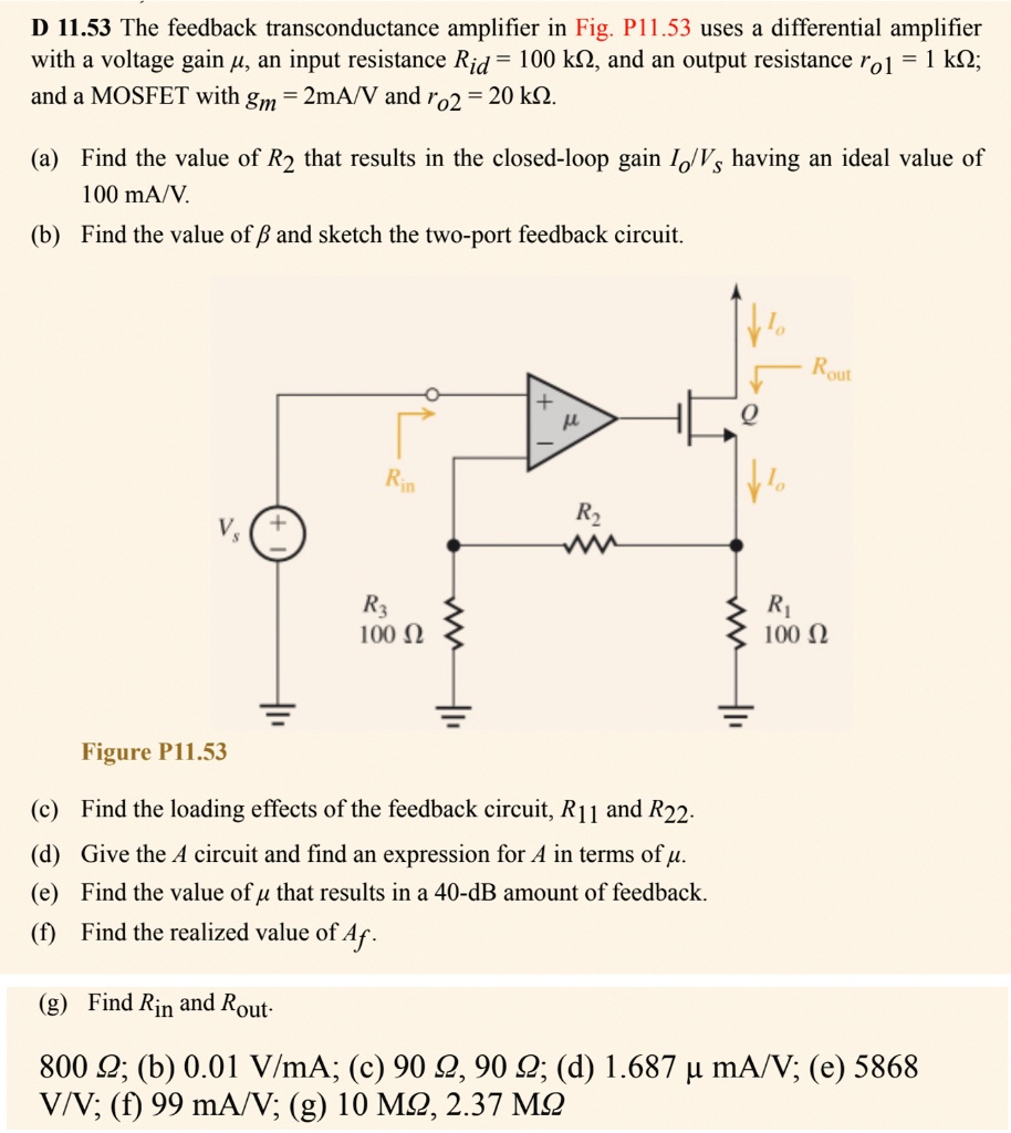 SOLVED D 11.53 The feedback transconductance amplifier in Fig. P11.53