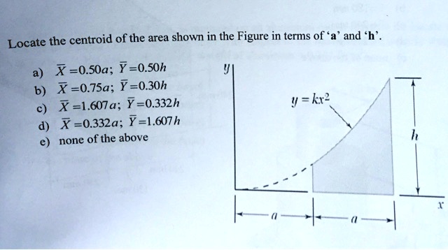 Locate the centroid of the area shown in the Figure in terms of 'a' and 'h'.
a) X? = 0.50a; Y? = 0.50h
b) X? = 0.75a; Y? = 0.30h
c) X? = 1.607a; Y? = 0.332h
d) X? = 0.332a; Y? = 1.607h
e) none of the above
y = kx^2
h
x
a
a