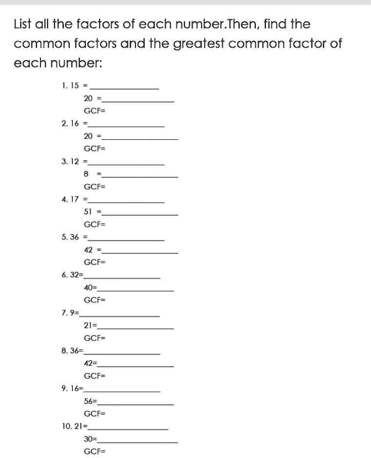 Greatest Common Factor List