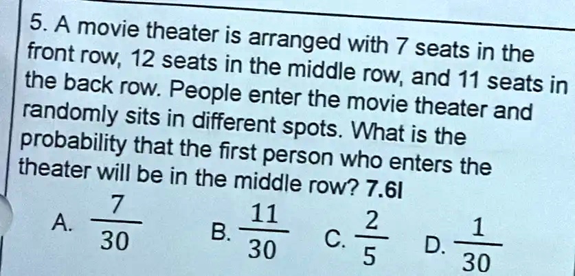 SOLVED 5. A movie theater is front row 12 arranged with 7 seats