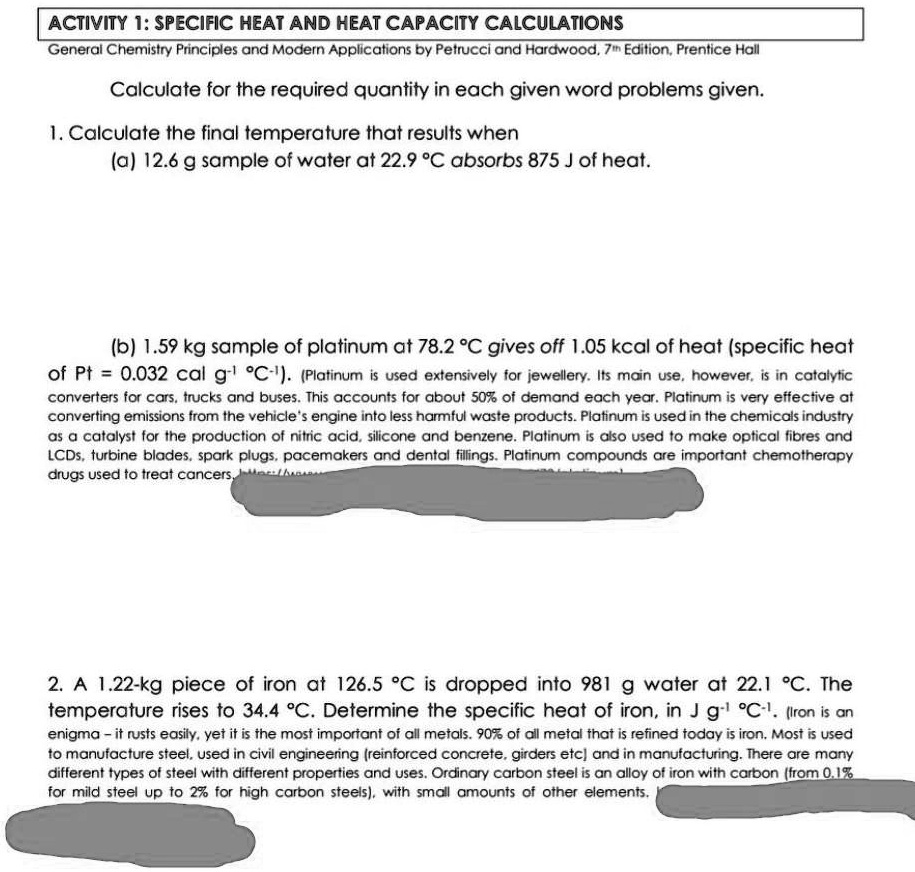 SOLVED ACtivity I SPECIFIC HEAT AND HEAT CAPACITY CALCULATIONS