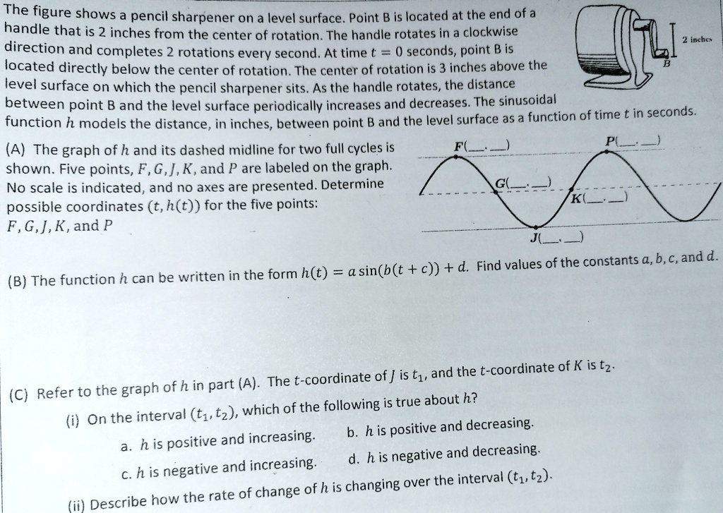 The figure shows a pencil sharpener on a level surface. Point B is located at the end of a
handle that is 2 inches from the center of rotation. The handle rotates in a clockwise
direction and completes 2 rotations every second. At time t = 0 seconds, point B is
located directly below the center of rotation. The center of rotation is 3 inches above the
level surface on which the pencil sharpener sits. As the handle rotates, the distance
between point B and the level surface periodically increases and decreases. The sinusoidal
function h models the distance, in inches, between point B and the level surface as a function of time t in seconds.
(A) The graph of h and its dashed midline for two full cycles is
shown. Five points, F, G, J, K, and P are labeled on the graph.
No scale is indicated, and no axes are presented. Determine
possible coordinates (t, h(t)) for the five points:
F, G, J, K, and P
(B) The function h can be written in the form h(t) = a sin(b(t + c)) + d. Find values of the constants a, b, c, and d.
(C) Refer to the graph of h in part (A). The t-coordinate of J is t1, and the t-coordinate of K is t2.
(i) On the interval (t1, t2), which of the following is true about h?
a. h is positive and increasing. b. h is positive and decreasing.
c. h is negative and increasing. d. h is negative and decreasing.
(ii) Describe how the rate of change of h is changing over the interval (t1, t2).