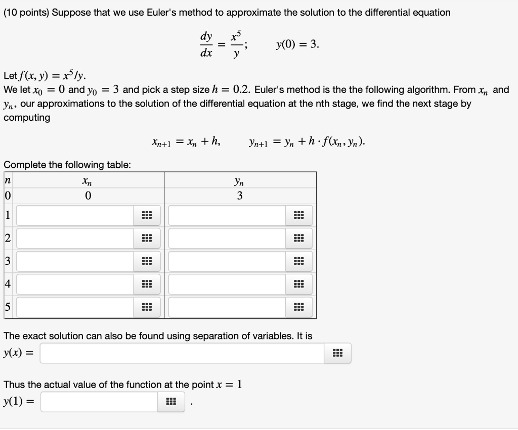 Suppose that we use Euler's method to approximate the solution to the differential equation
dy/dx = x^5/y; y(0) = 3.
Let f(x, y) = x^5/y.
We let x0 = 0 and y0 = 3 and pick a step size h = 0.2. Euler's method is the the following algorithm. From xn and yn, our approximations to the solution of the differential equation at the nth stage, we find the next stage by computing
xn+1 = xn + h, yn+1 = yn + h * f(xn, yn).
Complete the following table:
n xn yn
0 0 3
1
2
3
4
5
The exact solution can also be found using separation of variables. It is
y(x) =
Thus the actual value of the function at the point x = 1
y(1) =