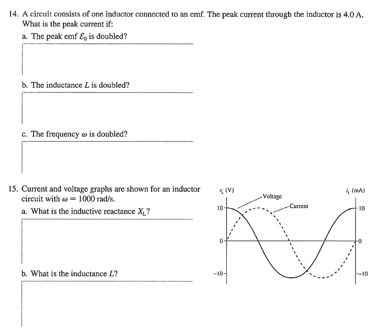 a circuit consists of one inductor connected t0 an emf the peak current ...